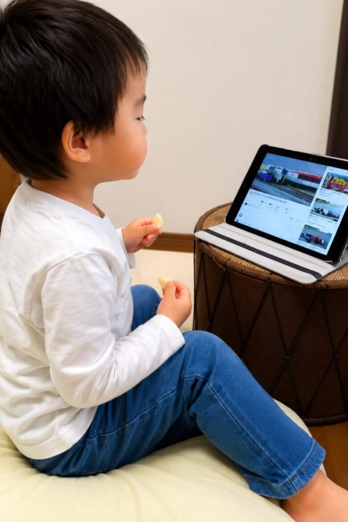 おやつを両手に持って食べながらyoutubeを見ている子供