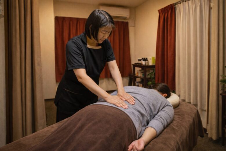 女性施術者による、心地よい揺らぎで背骨を整えるリラクゼーション施術風景