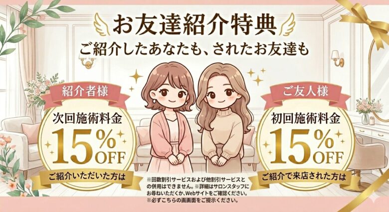 爽空間をご利用いただいた方のお友達が紹介利用いただいた際に次回の施術料金が15%割引。紹介された方の初回利用料金が15%OFFになります