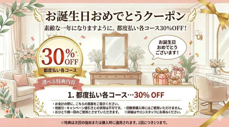お誕生月に30%OFFで施術が受けられる割引クーポンを送っております。