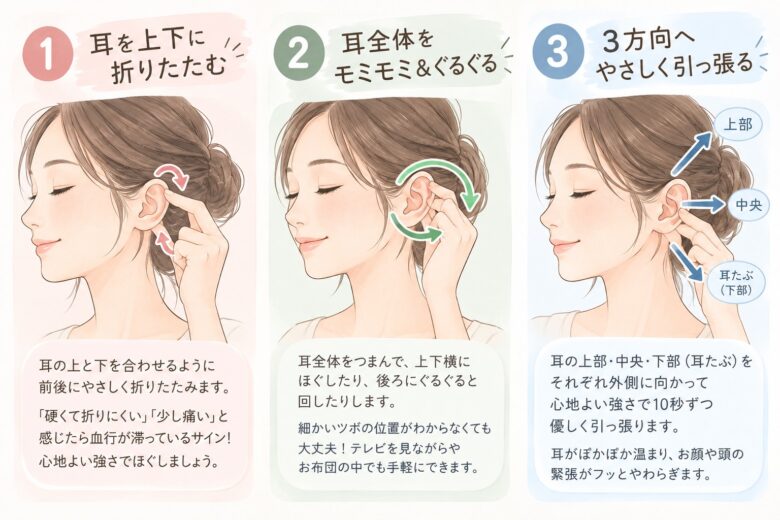 自分で出来る耳リフレ3ステップ
STEP1耳の上と下を合わせるように前後に優しく折りたたみます。「硬くて折りにくい」「少し痛い」と感じたら血行が滞っているサイン！心地よい強さでほぐしましょう。
STEP2細かいツボの位置がわからなくても大丈夫！耳全体をつまんで上下横にほぐしたり、後ろにぐるぐる回したりします。テレビを見ながらやお布団の中でも手軽にできます。
STEP3耳の上部・中央・下部（耳たぶ）を、それぞれ外側に向かって心地よい強さで10秒ずつ優しく引っ張ります。耳がぽかぽか温まり、お顔や頭の緊張がフッとやわらぎます。
