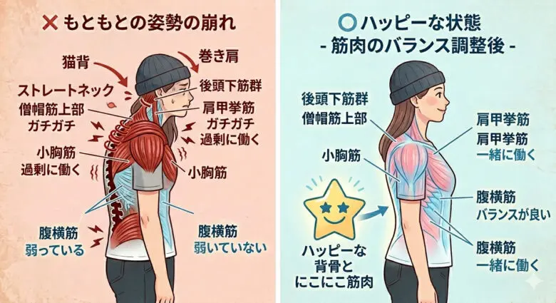 働きが悪い部分を刺激してたたき起こし動ける筋肉にするイメージイラスト