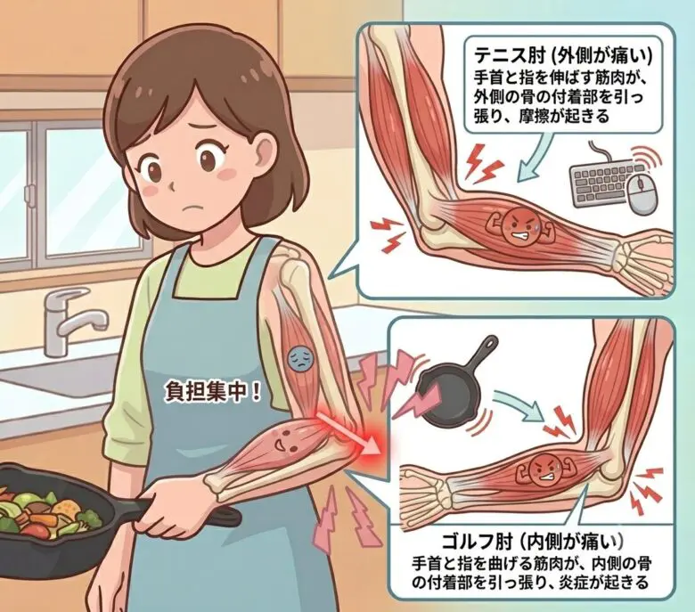 重たいフライパンをもって作業し手首が疲れて肘への負担増となったことで炎症が起きている図