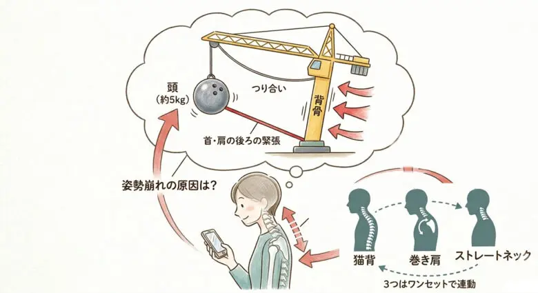 猫背・巻き肩・ストレートネックは三位一体。スマホを見たりパソコンん作業で下を見ることが多い現代社会、5キロほどある頭の重さを首背中の筋肉で支えようと頑張っている証拠です