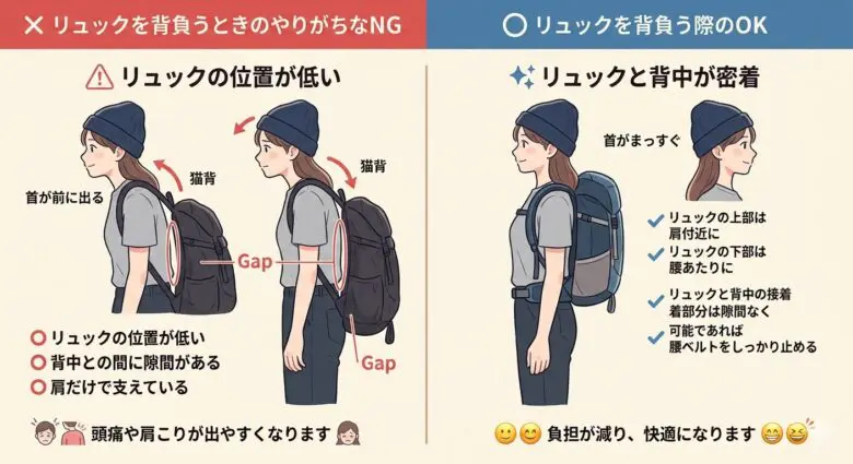 リュックの良くない背負い方と良い背負い方の比較イラスト