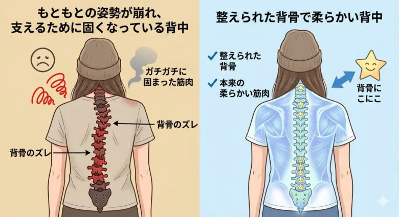 背骨がズレることで周りの筋肉が固くなるが、整えることで全体が柔らかくなるイメージイラスト