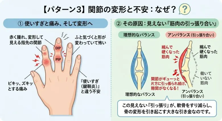 指先の筋肉の使い方のバランスが崩れ変形していくイメージ
