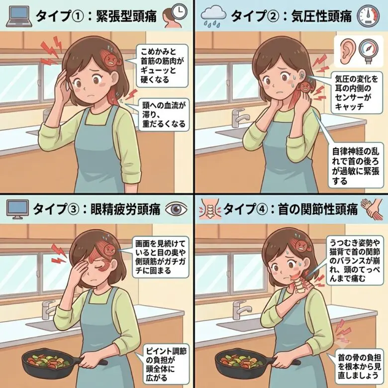 頭痛のタイプをイラストで図解