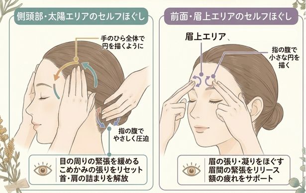 側頭骨、後頭骨、眉上にそっと指の腹をのせ、円を書くようにほぐすこと。強い力ではほぐさないでください
