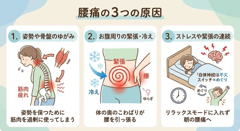 腰痛の原因は様々なので3つの原因をイラスト表示１姿勢や骨盤のゆがみ２、内蔵や婦人科系から来る痛み。３自律神経の乱れ