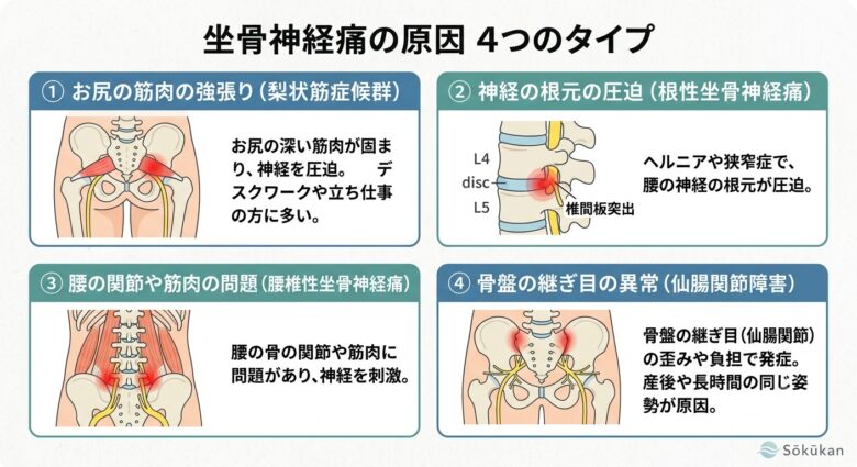 坐骨神経痛の原因4タイプ(お尻の筋肉の強張り・神経の根元圧迫・腰の関節や筋肉問題・骨盤の歪み仙腸関節障害)の比較イラスト