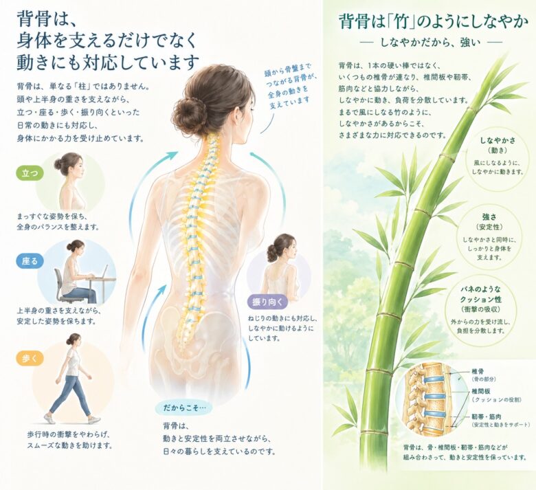 私たちの背骨は、1本の硬い棒ではありません。

いくつもの椎骨が連なり、その間には椎間板があり、さらに関節や靭帯、周囲の筋肉などが協力しながら、身体を支えています。

背骨は身体を支えるだけでなく、立つ・座る・歩く・振り向くといった動きにも対応しながら、身体にかかる力を受け止めています。たとえるとしなやかにしなる竹のような構造なのです