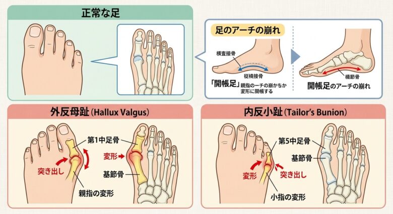 外反母趾は土踏まずのアーチが崩れることで外反母趾にアーチが高くなると内反小趾になる原因になりやすい