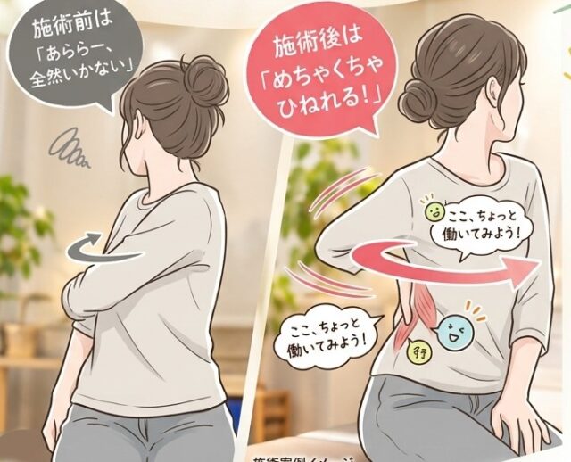 「おぉー！」と思わず二人で目を見開いた、身体のひねりの変化