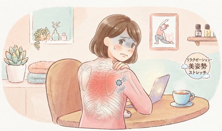 肩甲骨が張り付き指が入らない状態になりがちがちに固まっている女性のイラスト