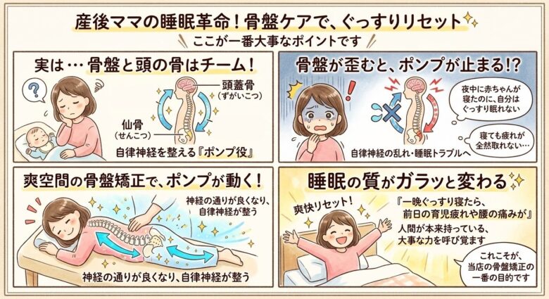 爽空間の産後の骨盤矯正は、すたいるUpはもちろんですが、自律神経をしっかり整える役割を果たす仙腸関節を正常に動けるようにすることが目的です