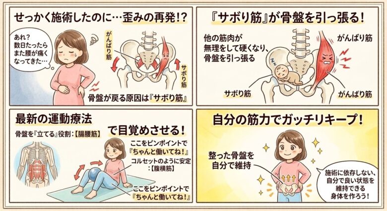 爽空間では、仙腸関節を整えつつ、骨盤を支える筋肉のトレーニングも合わせtお伝えします