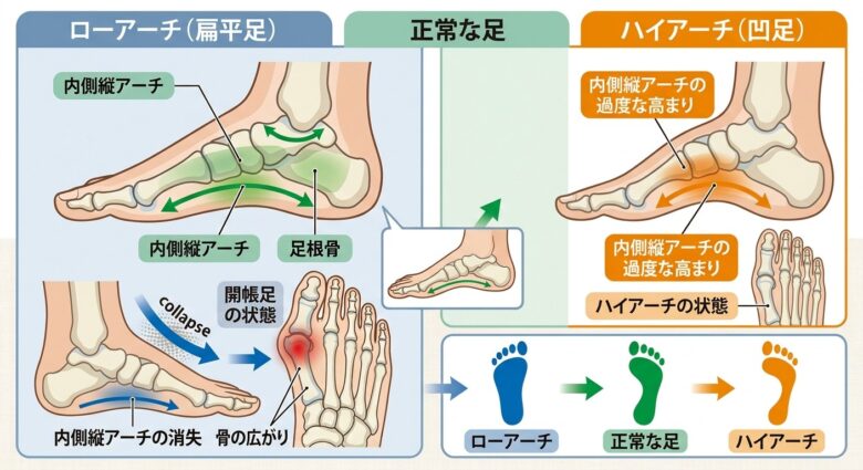 後脛骨筋が働かないと土踏まずがつぶれ偏平足になり親指の付け根に負荷がかかりやすくなり。逆に腓骨筋が働かなくなると土踏まずが浮き上がり小指付け根に負担がかかり寝指になりやすい