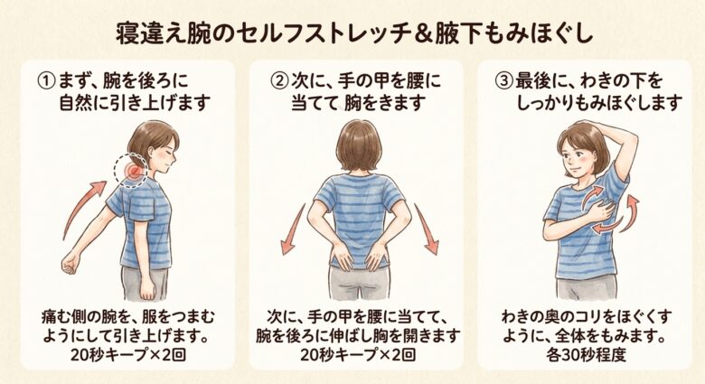寝違えたときは伸ばした腕を後ろへ引き上げて20秒、次に腰に手を当てて胸を張り20秒、最後は脇をほぐすことd症状が和らぐこともあります