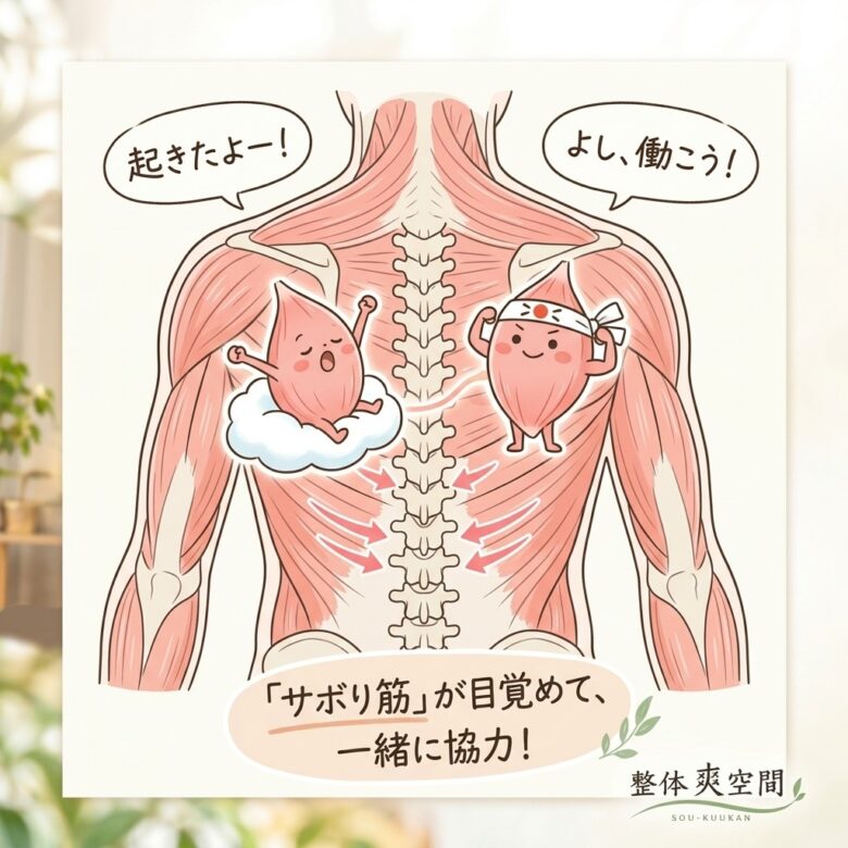 目覚めた筋肉が協力して働き始めるイメージ