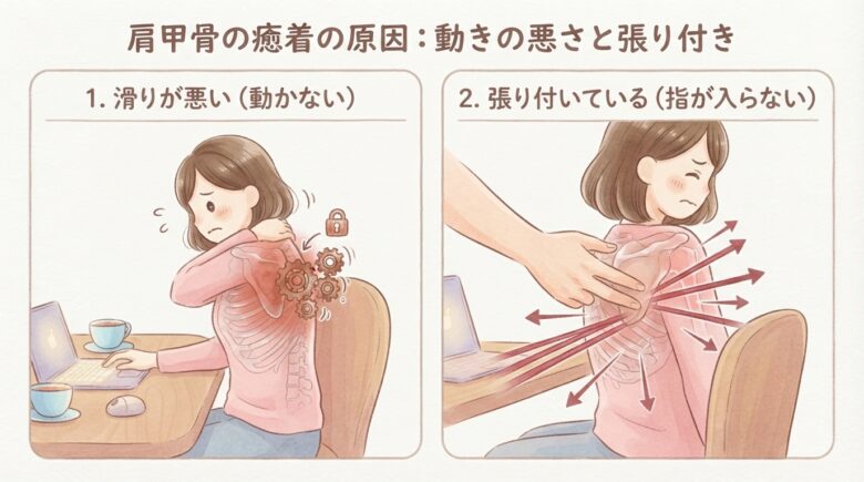肩甲骨の動きが悪くなるのは肋骨のカゴ（胸郭）の上を、肩甲骨が「上下・左右・回転」に動くスライド運動のことです。ここが硬くなると、「腕が上がらない・回すと引っかかる＝動かない」になります。指が入らなくなるのは背中の深いところが硬くなると、肩甲骨を背中側に強く引き寄せてペタッと貼り付けます。これにより、「フチを浮かせることができなくなる＝指が入らない」となります。