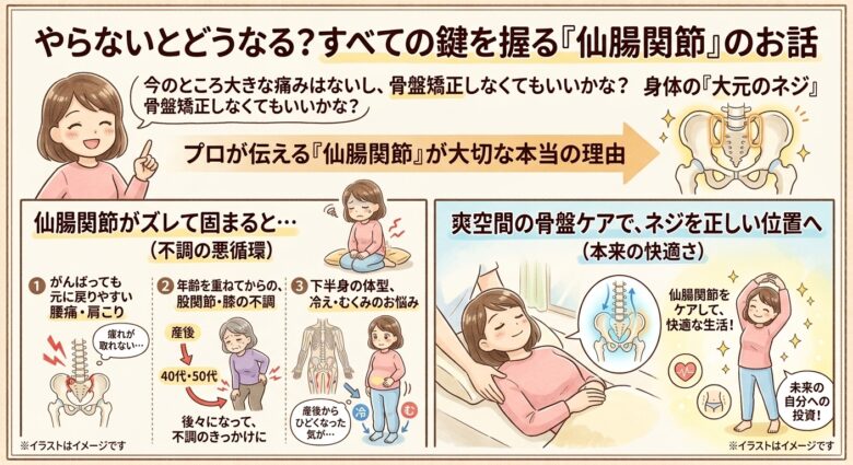 仙腸関節はからだの大元！ここをしっかりケアすることは、産後の骨盤矯正にかぎらずずべ手の方の将来的な不安要素を軽減する可能性が高くなります。産後こそタイミングとしてばっちりなのでこの機会に仙腸関節を整えることをお勧めします