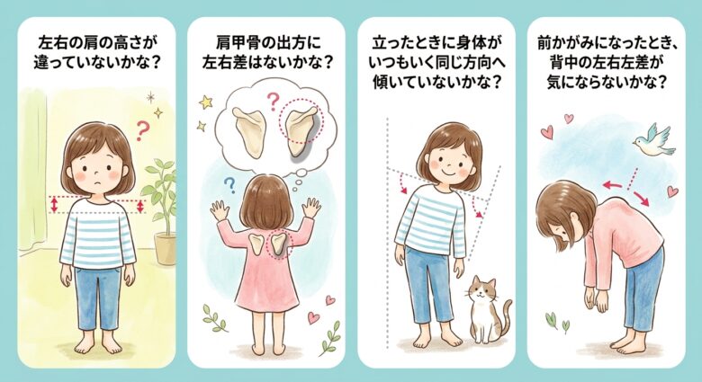 モアレ検査時に行う検査の一環をイラストにしてます。
立った時に傾いてないか、肩甲骨の高さは?など