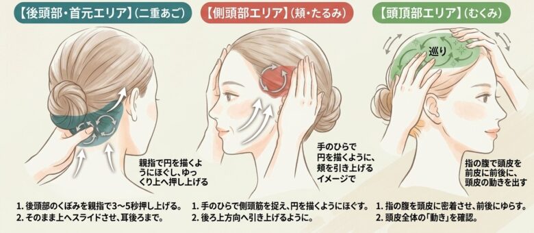 後頭部~首元
両手の親指を、首の付け根にあるくぼみ付近に当てます。
頭を少し後ろに預けるようにして、無理のない範囲でゆっくり圧をかけます。
そのまま数秒キープして、ゆっくり力を抜きます。
「押す」というより、頭の重みを利用して支えるような感覚で行うのがおすすめです。
側頭部
手のひらや指の腹を、耳の上あたりに当てます。
頭皮を擦るのではなく、皮膚ごとゆっくり動かすようなイメージで、小さな円を描きます。
そのまま少しずつ、こめかみ側へ移動していきましょう。
食いしばりが気になる方は、力を入れすぎず、特にゆっくり行ってみてください。
頭頂部
指の腹を頭頂部に当て、頭皮を軽くつまむようにして、前後左右へやさしく動かします。
「頭皮が少し動くかな?」くらいの刺激で十分です。
つむじ周辺だけでなく、少しずつ場所を変えながら頭全体を触ってみましょう。