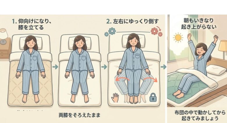 寝る前や起きたときに、両膝を立て仰向けのままそろえた膝を左右にゆっくり倒し背中周りがに伸びるのを意識して動かすストレッチをしてみるとよいです