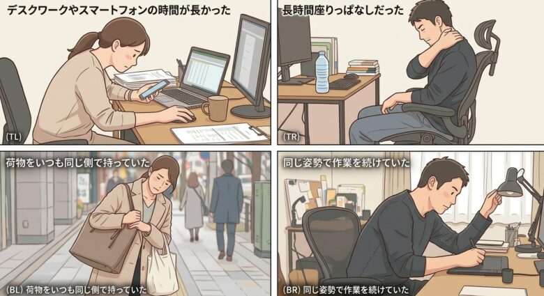 背中が固くなる原因かも?デスクワークやスマートフォンの時間が長かった
長時間座りっぱなしだった
荷物をいつも同じ側で持っていた
子どもを抱っこする時間が長かった
同じ姿勢で作業を続けていた