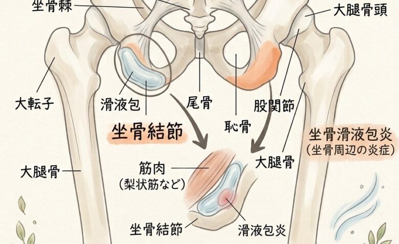 坐骨のクッションである坐骨滑液が延焼している様子